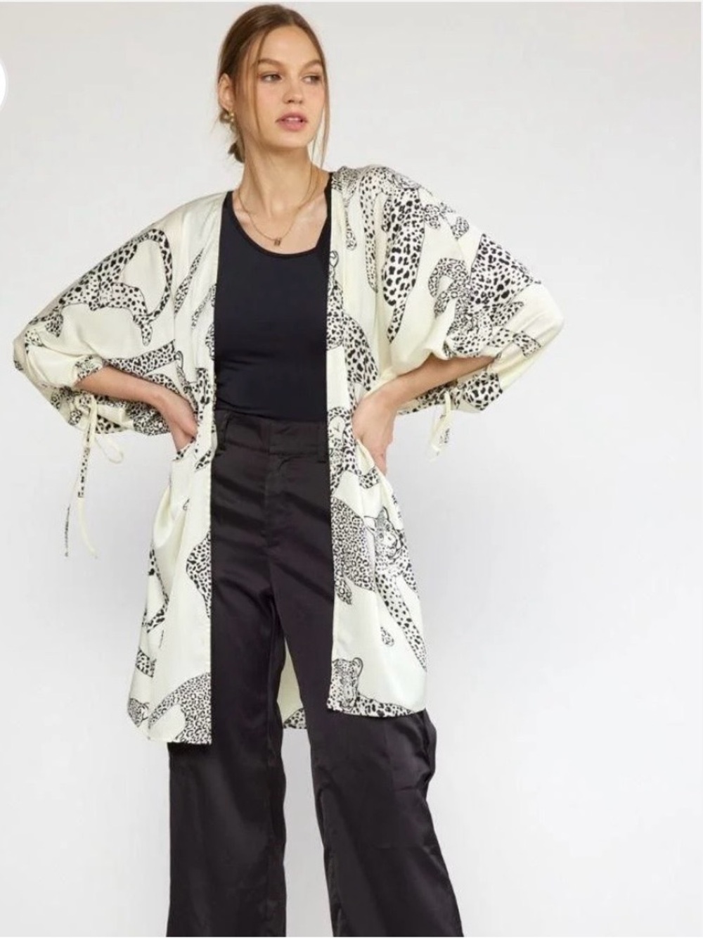 Urban Outfitters Entro Leopard Print Satin Kimono Cardigan Champagne OS